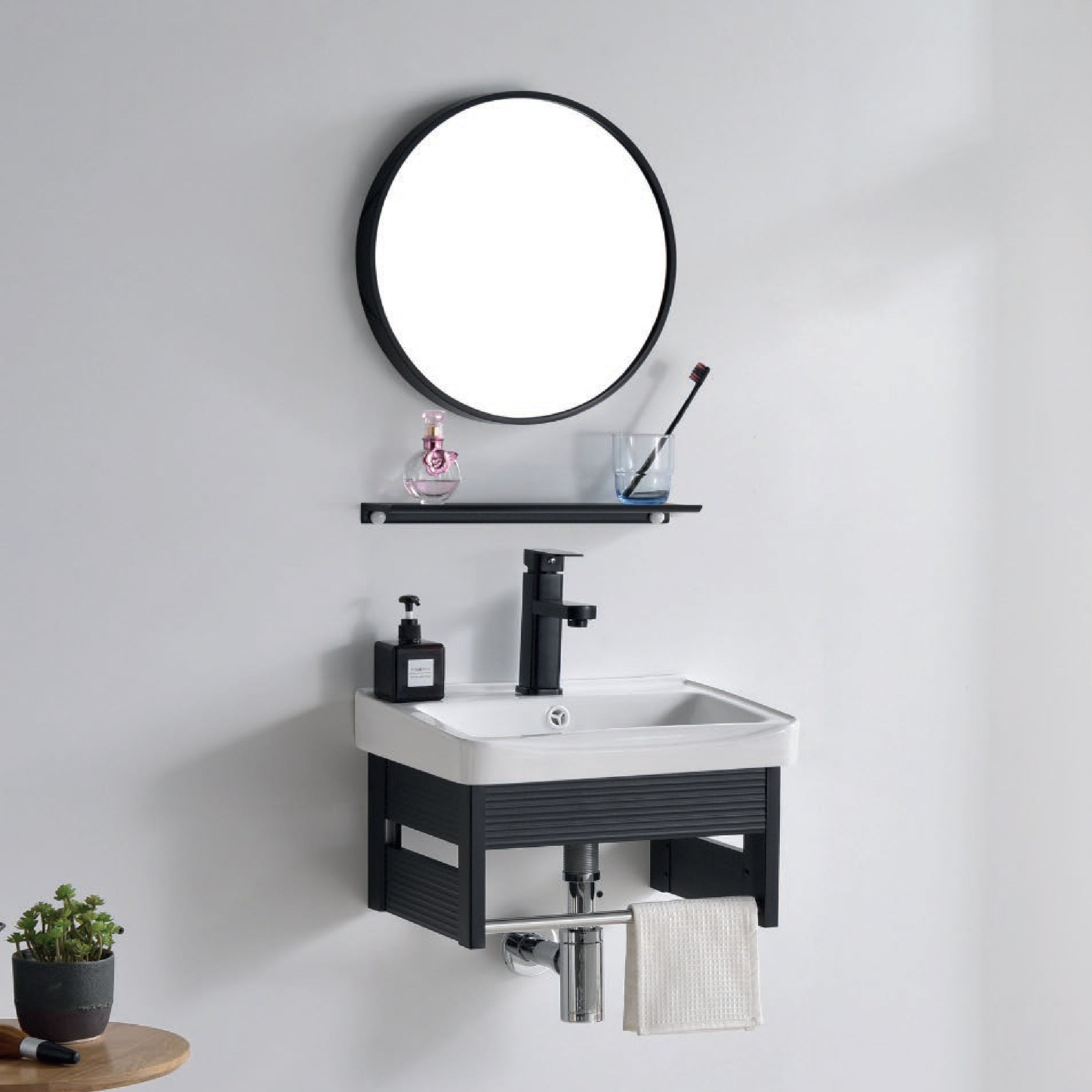 VANITORIO DE ALUMINIO C/REPISA + ESPEJO REDONDO PS19-5036 NEGRO ECO 50X35CM - FRATELLI